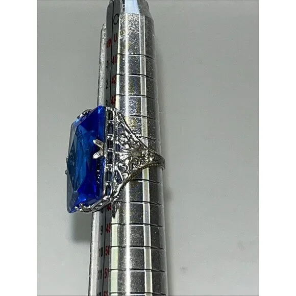 Vintage Art Deco 1950’s NEMCO Blue Gemstone Silver Filigree Ring Size 3.5 - Picture 5 of 5